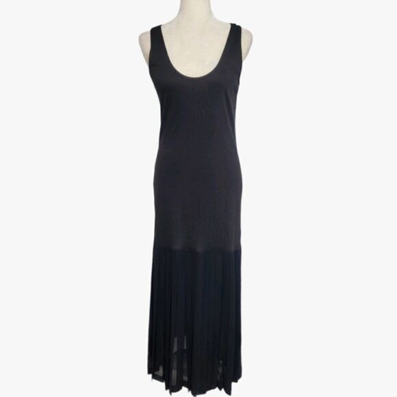 VINTAGE 90s black bias maxi tank dress with sheer knife pleated panel S - Picture 1 of 11